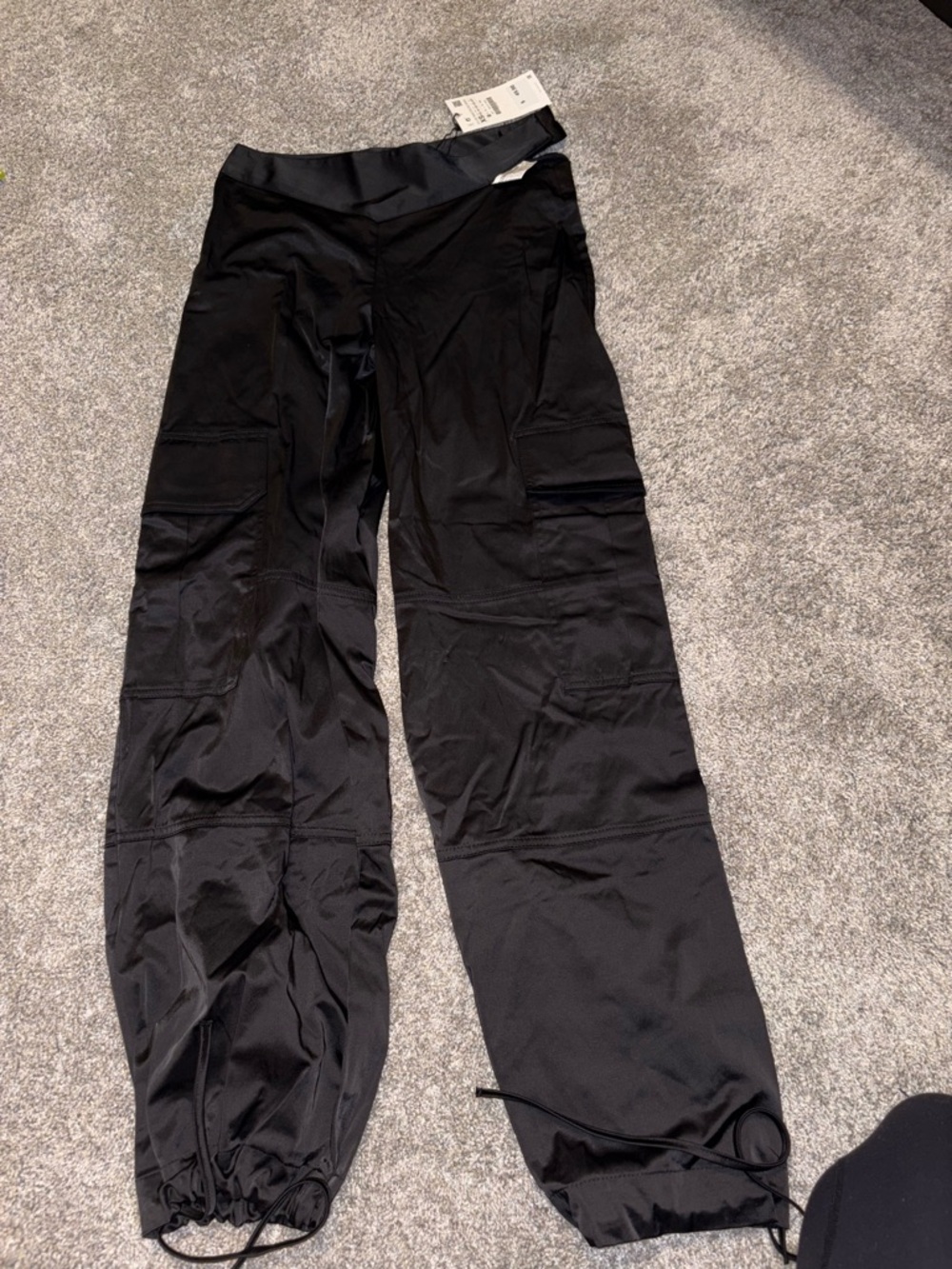 Zara Black Satin Cargo Pants with Cross-Over Waistband